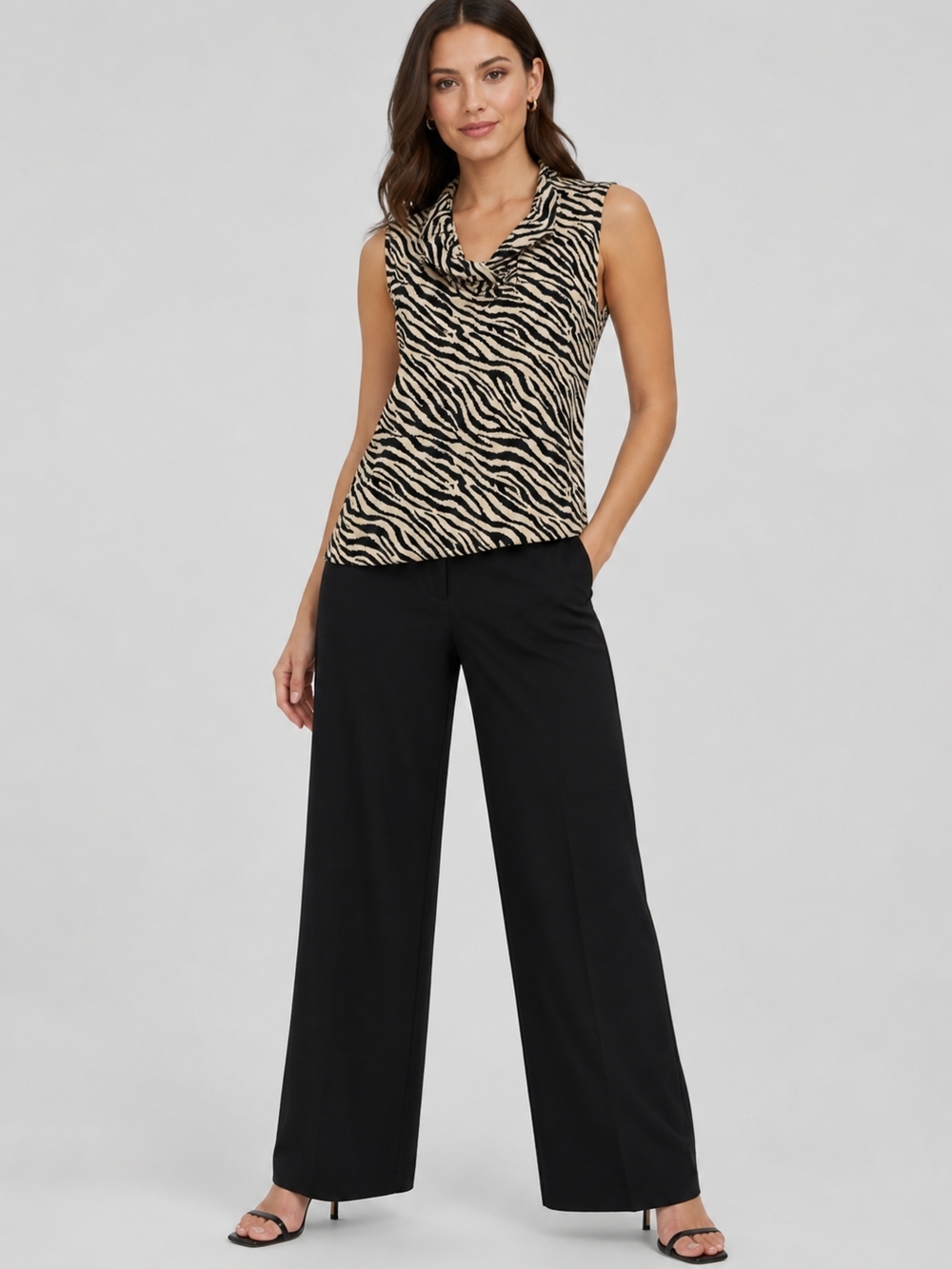 Anthony's Resort Wear Ruffle V-Neck Black & Cream Zebra Pattern Tank Top